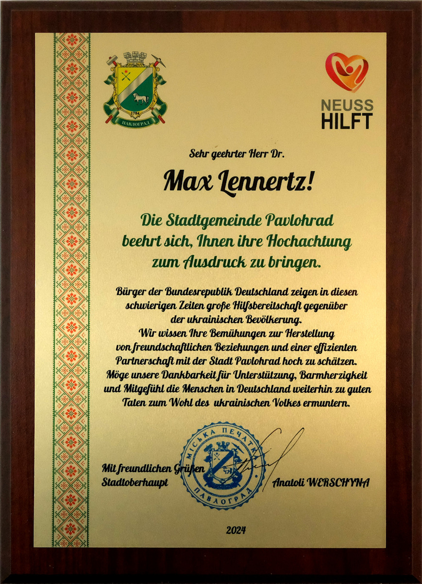 neuss-hilft-ukraine-dankesurkunde-humanitaere-hilfe-lennertz-pawlohrad